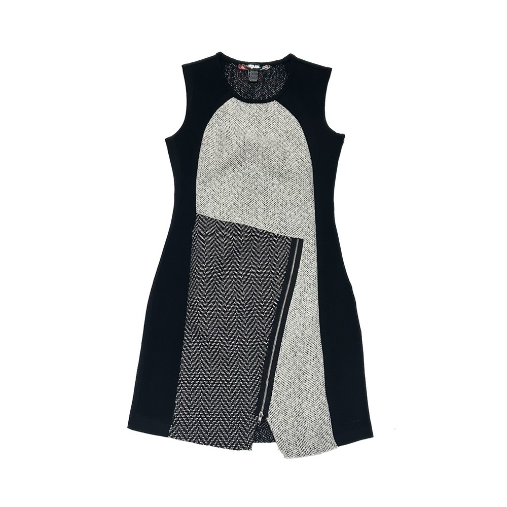 Desigual Oceano Pinafore Dress Asymmetrical Herringbone Mixed Tweed Midi Sheath